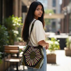 Elegant Green and Red Patterned Crossbody Bag